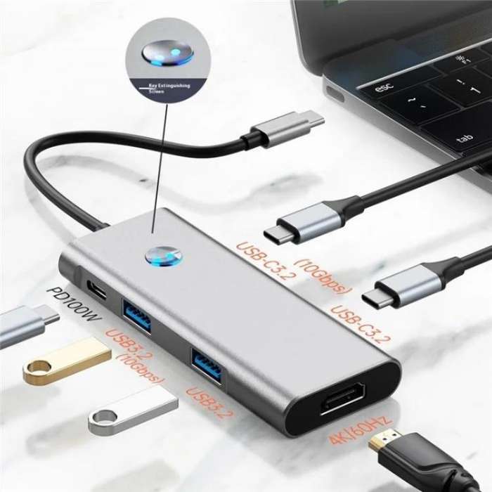 2426 One-Key Screen Off Type-C to 2 x USB3.2, HD, PD100W, 2 x USB-C3.2 HUB