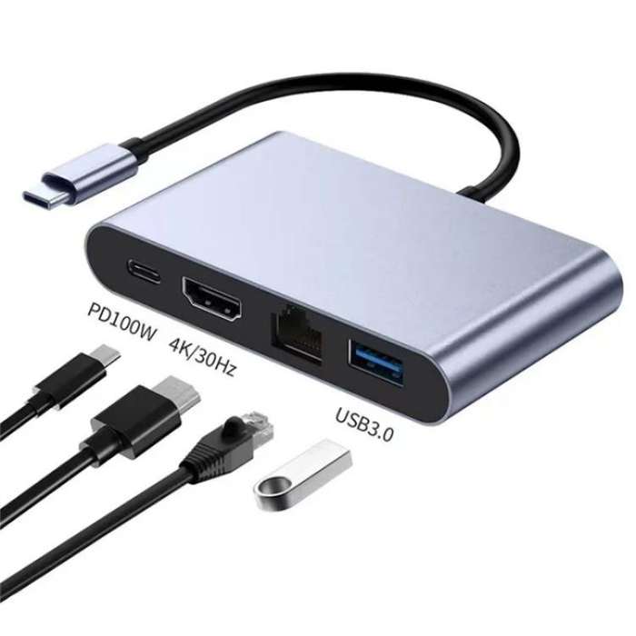2322 Type-C to RJ45, 4K/30HZ HD, USB 3.0, PD100W Charging Port Aluminum Shell HUB