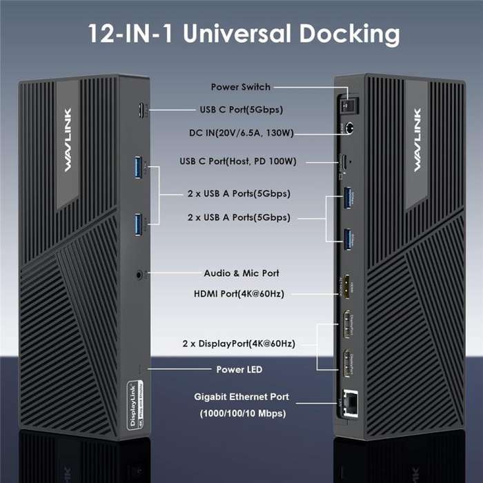 WAVLINK UG69PD24 12-in-1 PD 100W Charging Displaylink Docking Station For Thunderbolt 4 / 3(EU Plug)