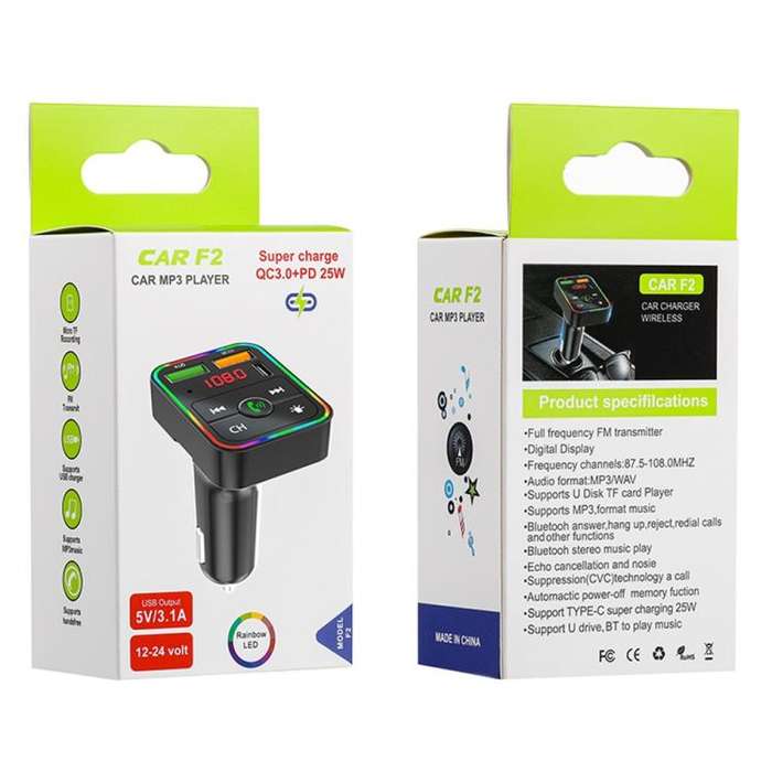 PDF2 With Ambient Light Fast Charger FM Transmitter Bluetooth Hands Free Call MP3 Player