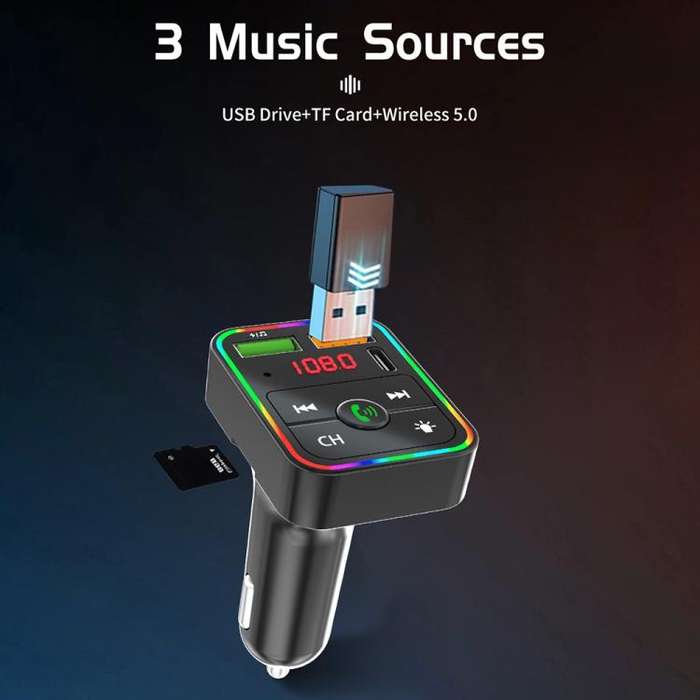 PDF2 With Ambient Light Fast Charger FM Transmitter Bluetooth Hands Free Call MP3 Player