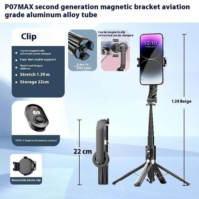 P07 Max Extendable Four-legged Stand Magnetic Phone Selfie Stick with Bluetooth Remote Control(Wh...