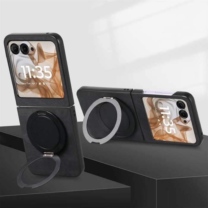 For Motorola Moto Razr 50 Retro Leather Rotation Round Holder Phone Case(Black)