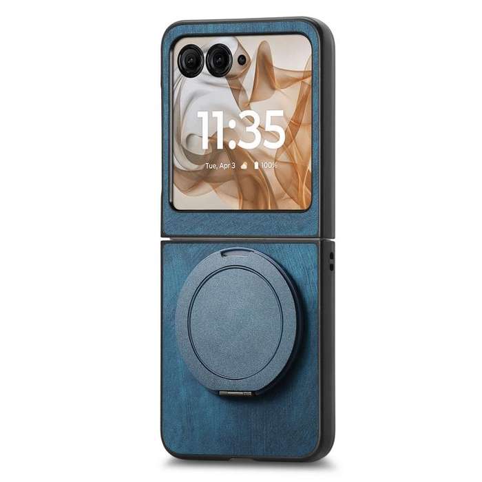 For Motorola Moto Razr 50 Retro Leather Rotation Round Holder Phone Case(Blue)