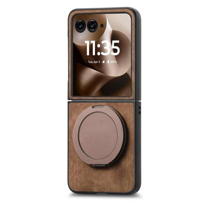 For Motorola Moto Razr 60 Ultra Retro Leather Rotation Round Holder Phone Case(Brown)