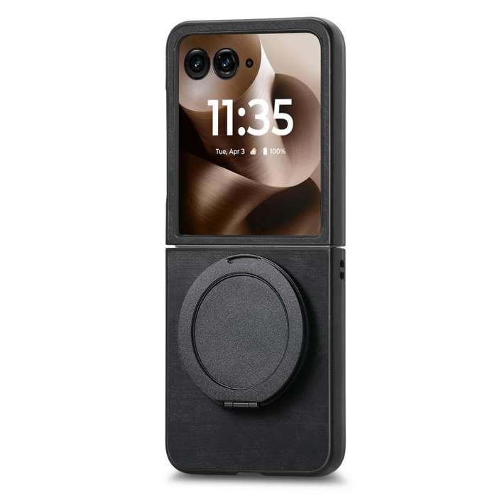 For Motorola Moto Razr 40 Ultra Retro Leather Rotation Round Holder Phone Case(Black)