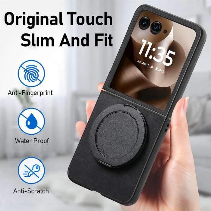 For Motorola Moto Razr 40 Ultra Retro Leather Rotation Round Holder Phone Case(Black)