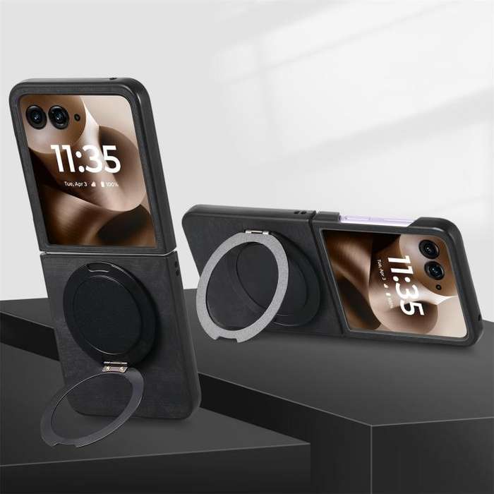 For Motorola Moto Razr 40 Ultra Retro Leather Rotation Round Holder Phone Case(Black)