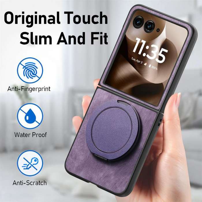 For Motorola Moto Razr 40 Ultra Retro Leather Rotation Round Holder Phone Case(Purple)