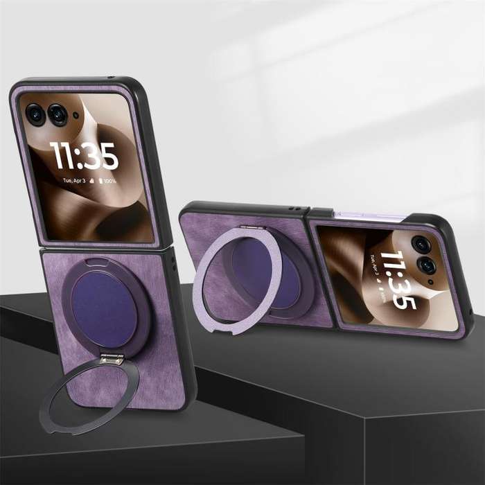 For Motorola Moto Razr 40 Ultra Retro Leather Rotation Round Holder Phone Case(Purple)