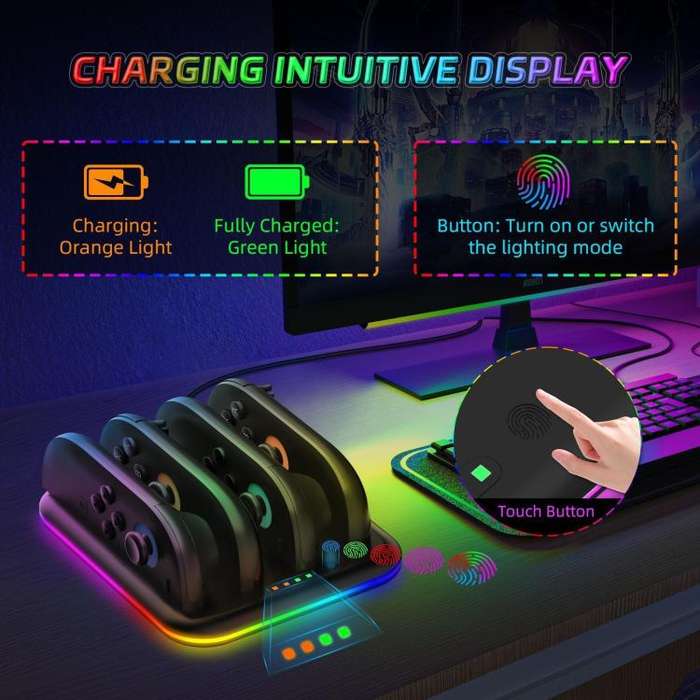 For Nintendo Switch 2 Game Handle 4 Seat Horizontal Charging Cradle With RGB Dazzling Lights(White)