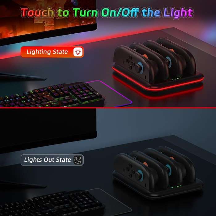 For Nintendo Switch 2 Game Handle 4 Seat Horizontal Charging Cradle With RGB Dazzling Lights(Black)