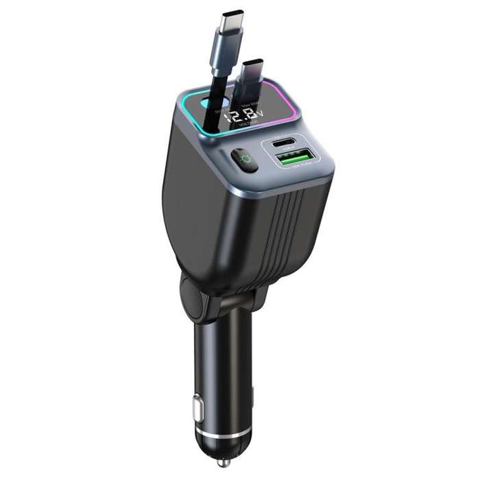 GC15 With Dual Retractable Type-C Cables Real Time Voltage Monitor Fast Charging Car Charger