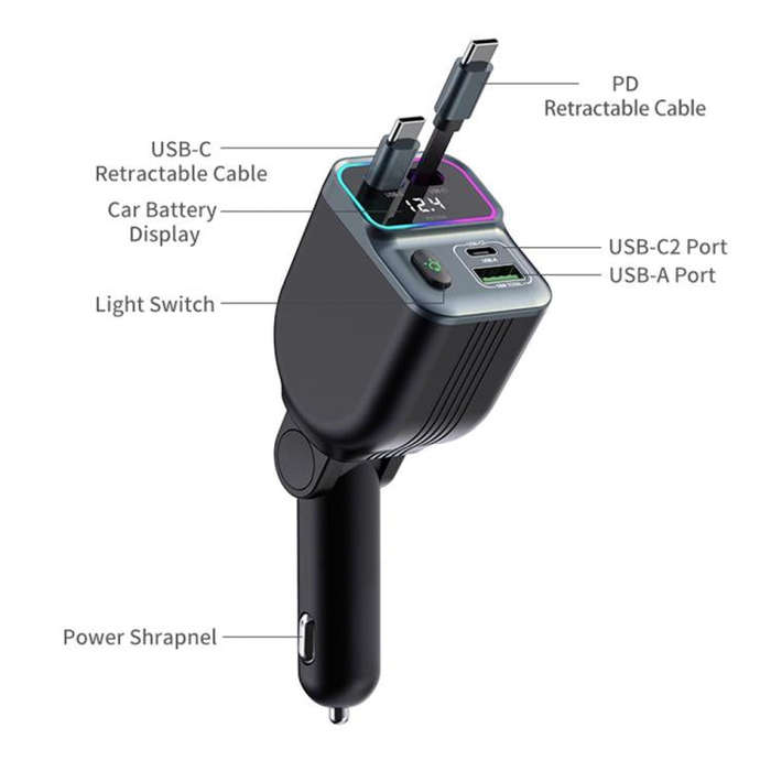 GC15 With Dual Retractable Type-C Cables Real Time Voltage Monitor Fast Charging Car Charger