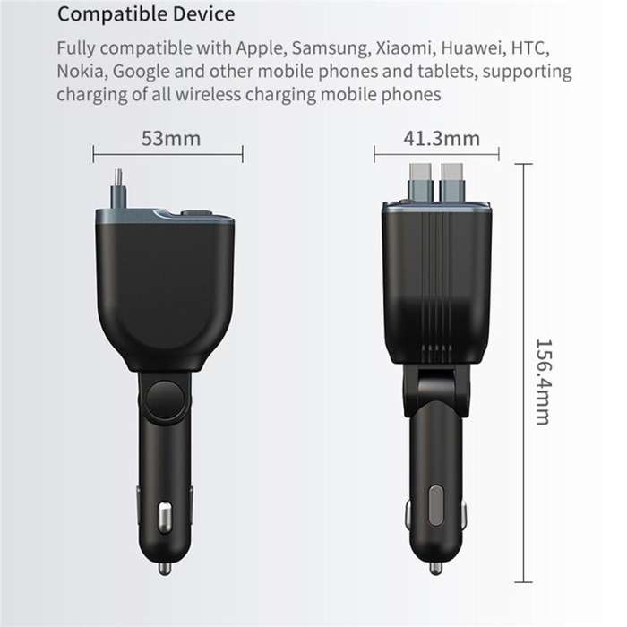 GC15 With Dual Retractable Type-C Cables Real Time Voltage Monitor Fast Charging Car Charger