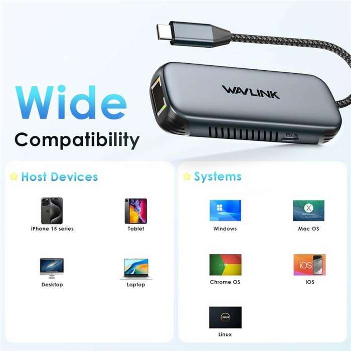 WAVLINK NWU330GD Support 95W PD Output USB-C to RJ45 2.5Gbps Network Converter