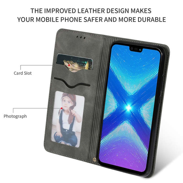 Retro Skin Feel Business Magnetic Horizontal Flip Leather Case for Huawei Honor 8X(Dark Gray)