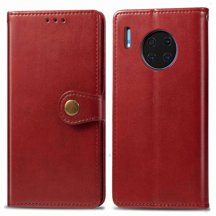 For Huawei Mate 30 Pro  Retro Solid Color Leather Buckle Phone Case with Lanyard & Photo Frame & ...