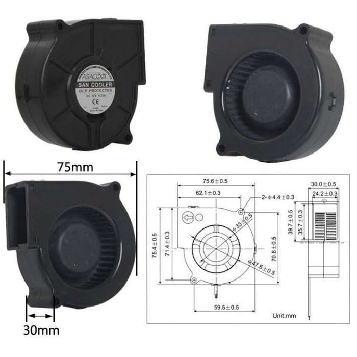 ASIACOOL Silent Turbo Blower Fan, Specification:7530 12V