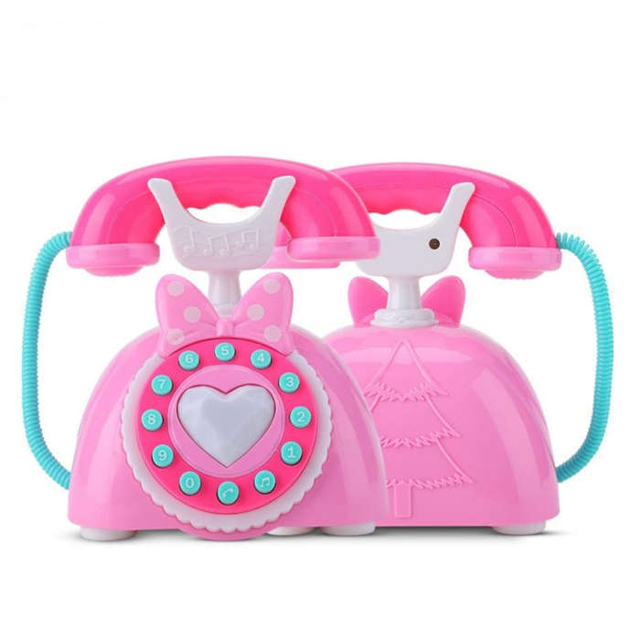 Child Simulation Retro Telephone Light Music Cartoon Early Education Puzzle Musical  Toys(Pink)
