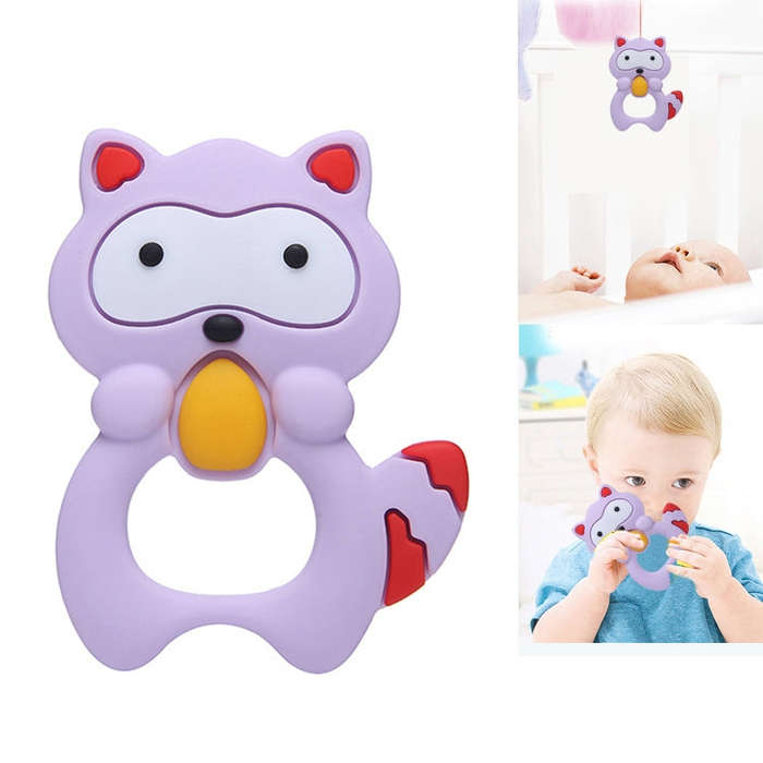 Baby Raccoon Tooth Gel Molar Stick Silicone Baby Bite Toy Hand Rattle Toy(Purple)