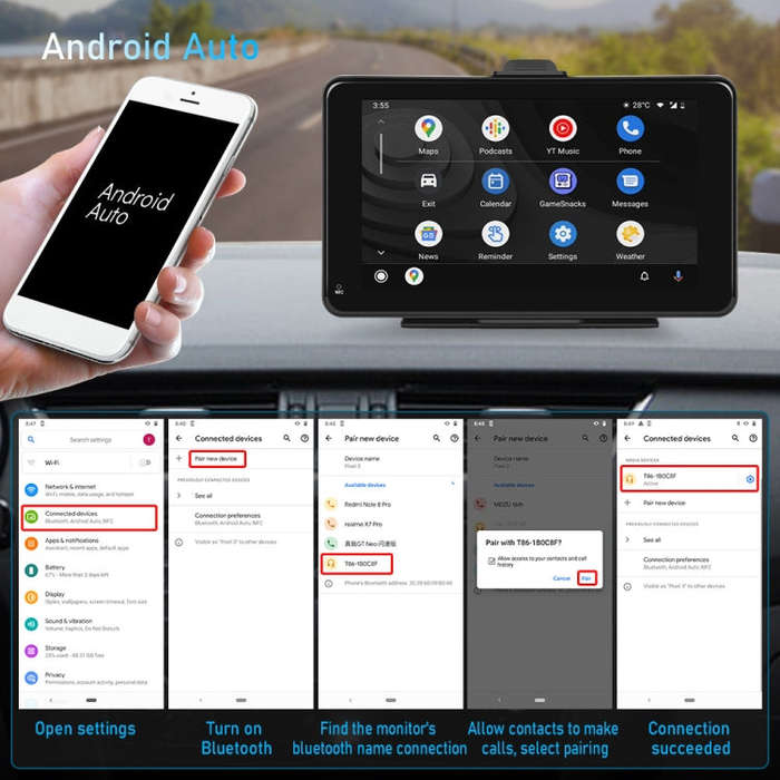 A3135 7 Inch HD Wired Smart Screen With Wireless CarPlay + Android Auto + Android With With 32G M...