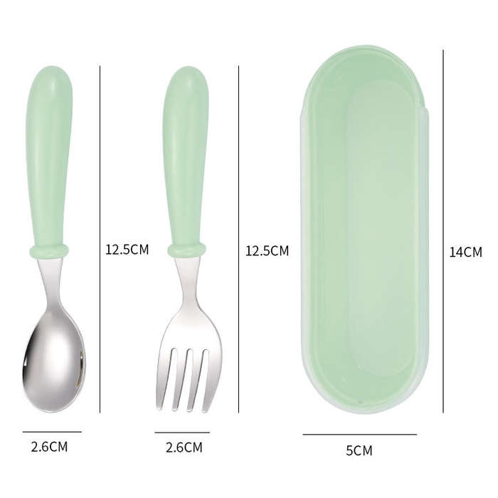 3 PCS/ Set 304 Stainless Steel Spoon and Fork Box Cute Baby Kindergarten Tableware Set(Green)