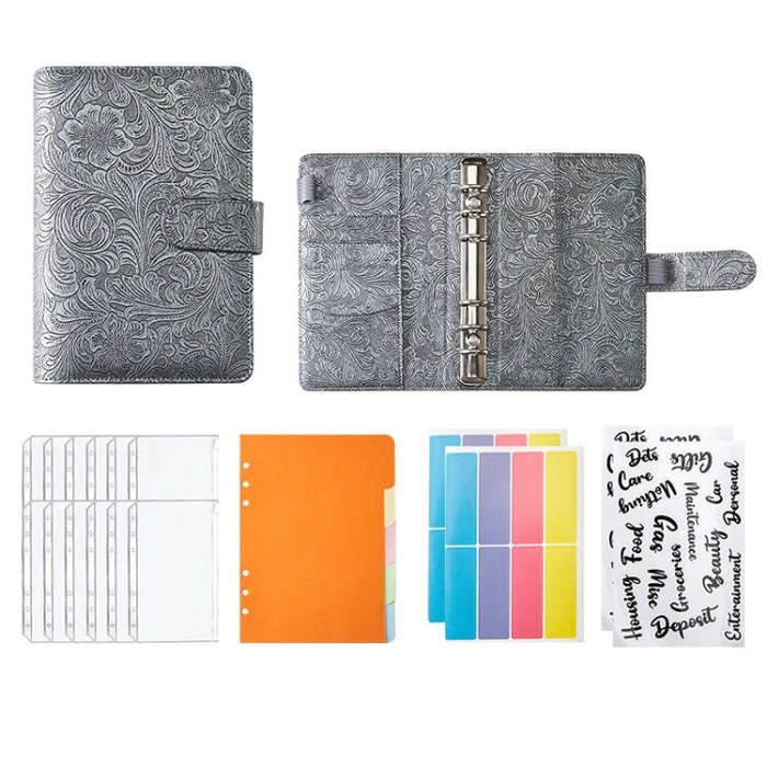 A6 YMX-007 PU Leather Budget Binder Notebook Embossed Model Handbook(Gray)