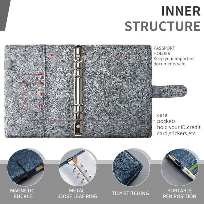 A6 YMX-007 PU Leather Budget Binder Notebook Embossed Model Handbook(Gray)