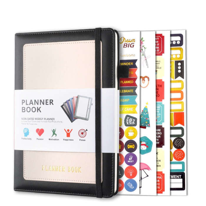 YMX-018 A5 Weekly Plan Monthly Plan Book Self-Regulation Strap Notebook With Stickers(Black)