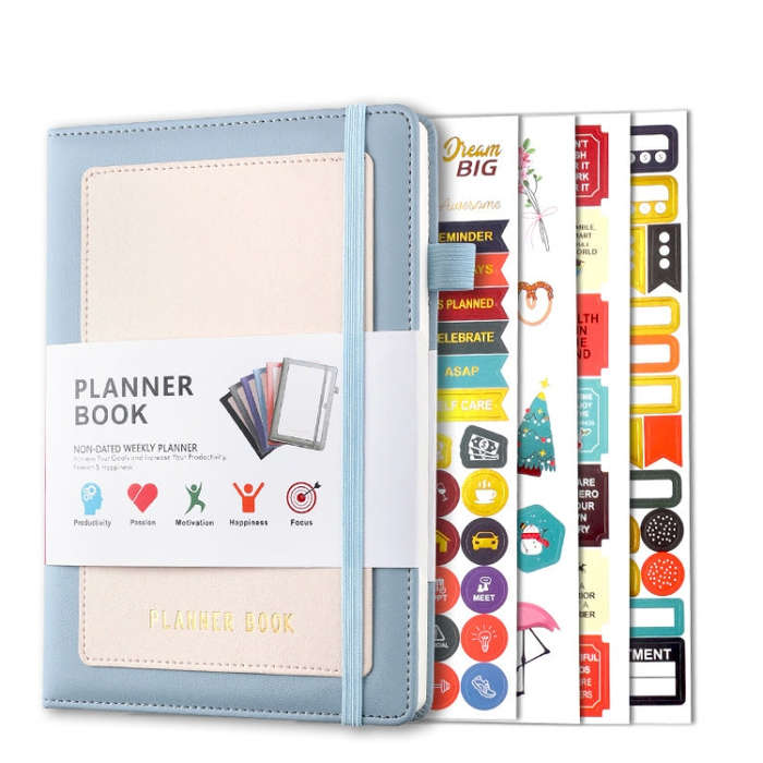 YMX-018 A5 Weekly Plan Monthly Plan Book Self-Regulation Strap Notebook With Stickers(Sky Blue)