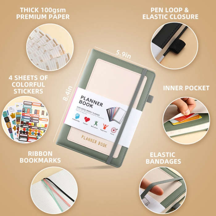 YMX-018 A5 Weekly Plan Monthly Plan Book Self-Regulation Strap Notebook Without Sticker(Green)