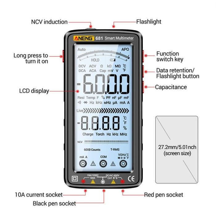 ANENG 681 LCD Digital Display Screen Smart Automatic Range Rechargeable Multimeter(Black)