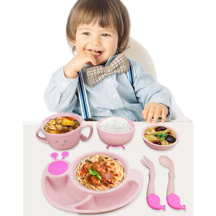 Creative Anti-scald Children Tableware Baby Snail Compartment Spoon Cup Bowl(Green)