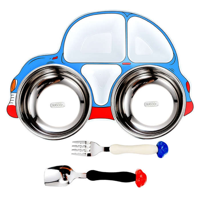 304 Stainless Steel Children Car Dinner Plate, Style:Blue (removable and washable)