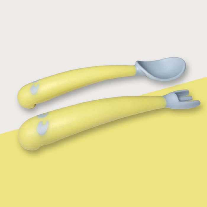 Baby Learning To Eat Bending Training Elbow Twisting Spoon Fork(Yellow)