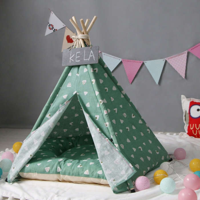 Cotton Canvas Pet Tent Cat and Dog Bed with Cushion, Specification: Small 40×40×50cm(Green Tria...
