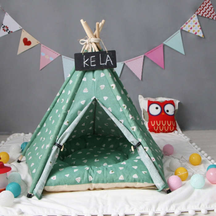 Cotton Canvas Pet Tent Cat and Dog Bed with Cushion, Specification: Small 40×40×50cm(Green Tria...