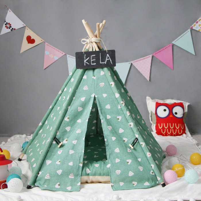 Cotton Canvas Pet Tent Cat and Dog Bed with Cushion, Specification: Small 40×40×50cm(Green Tria...