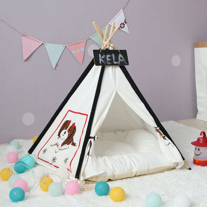 Pet Tent Removable And Washable Wooden Cat Kennel with Cushion, Specification: Small 40×40×50cm...