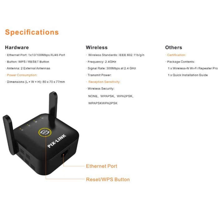 PIX-LINK WR22 300Mbps Wifi Wireless Signal Amplification Enhancement Extender, Plug Type:US Plug(...