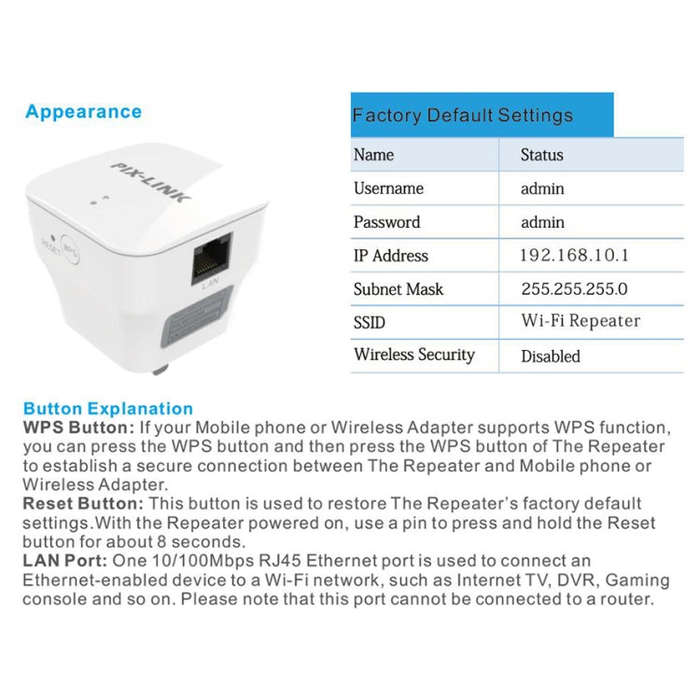 PIXLINK WR12 300Mbps WIFI Signal Amplification Enhanced Repeater, Plug Type:AU Plug