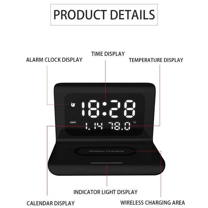 RT1 10W QI Universal Multi-function Mobile Phone Wireless Charger with Alarm Clock & Time / Calen...