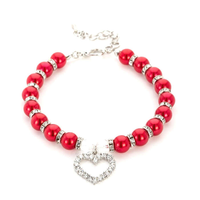 Pet Supplies Pearl Necklace Pet Collars Cat and Dog Accessories, Size:S(Red)