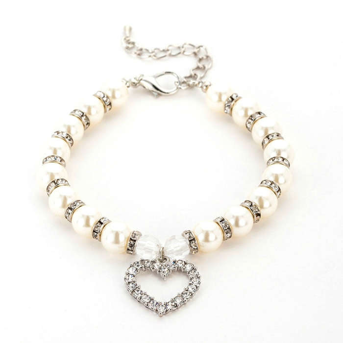 Pet Supplies Pearl Necklace Pet Collars Cat and Dog Accessories, Size:L(White)