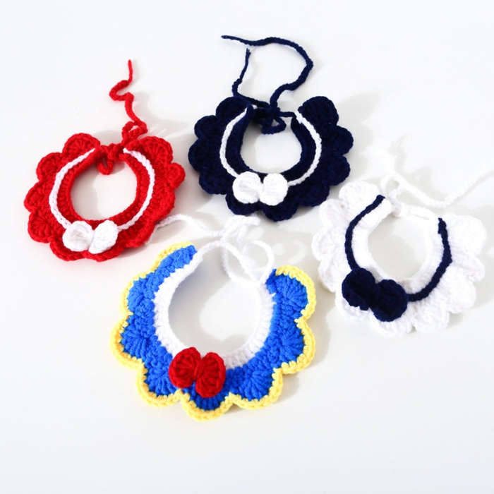 Handmade Woolen Knitting Adjustable Flower Bow Knot Cat Dog Bib Accessories Collar, Size:M 25-35c...