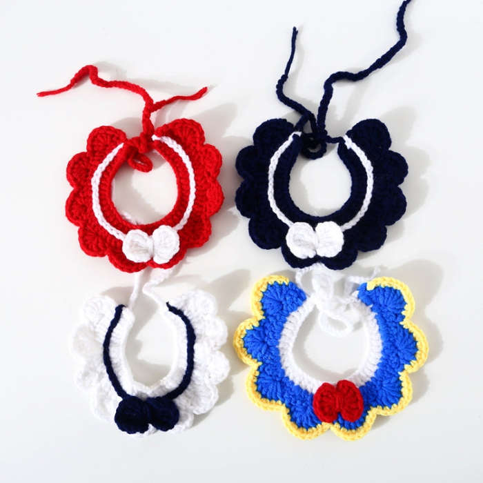 Handmade Woolen Knitting Adjustable Flower Bow Knot Cat Dog Bib Accessories Collar, Size:M 25-35c...