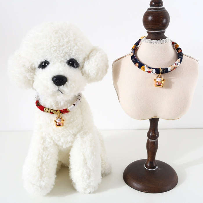 Lucky Cat Copper Bell Adjustable Pet Cat Dog Collar Necklace, Size:M 25-30cm(Navy Shiba Inu)