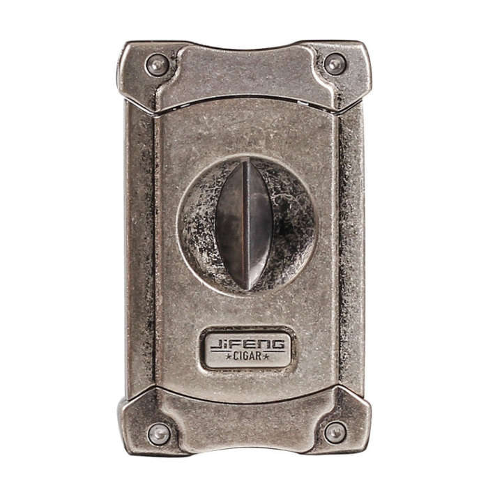 JIFENG 3 In 1 V Cigar Scissors Cigar Holder Cigar Cutter With Cigar Puncher(Silver Polished Flower)