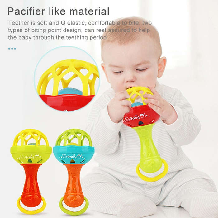 Baby Rattles Toy Intelligence Grasping Gums Plastic Hand Bell Rattle Funny Educational ToyColo...